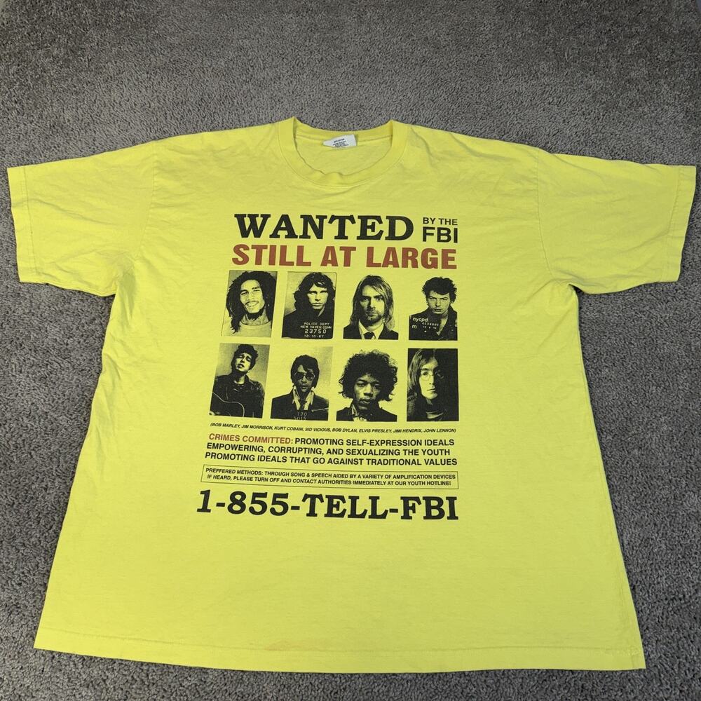 Menace Shirt Mens XL Yellow Wanted By The FBI Hendrix Marley Cobain Graphic Tee